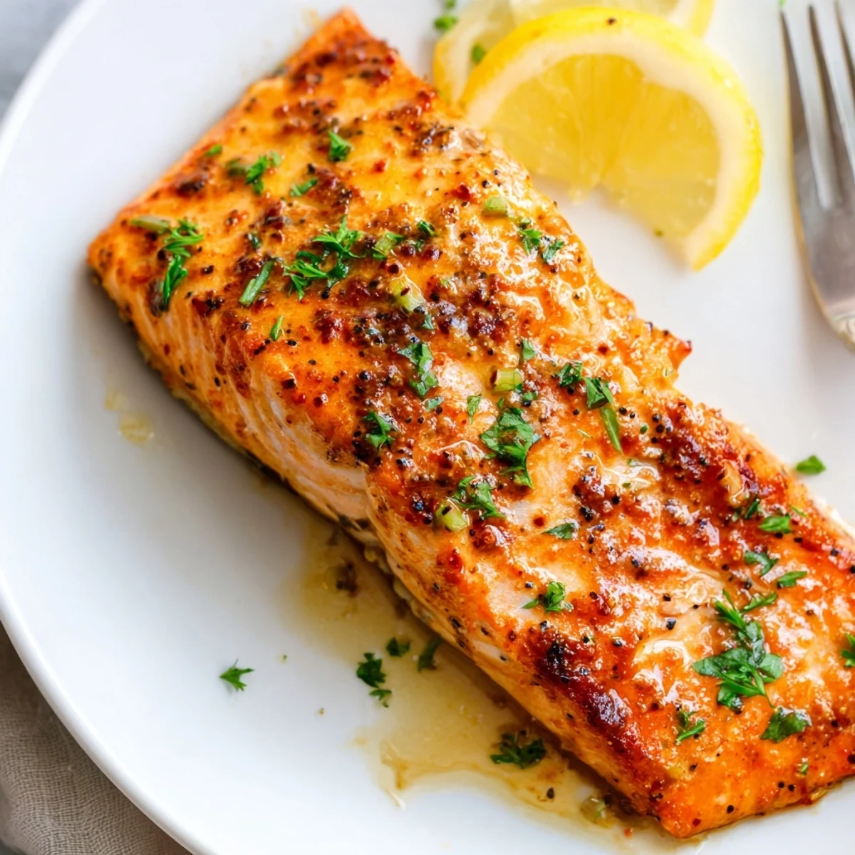 Golden brown baked salmon fillets glazed with buttery lemon pepper seasoning on a white ceramic plate