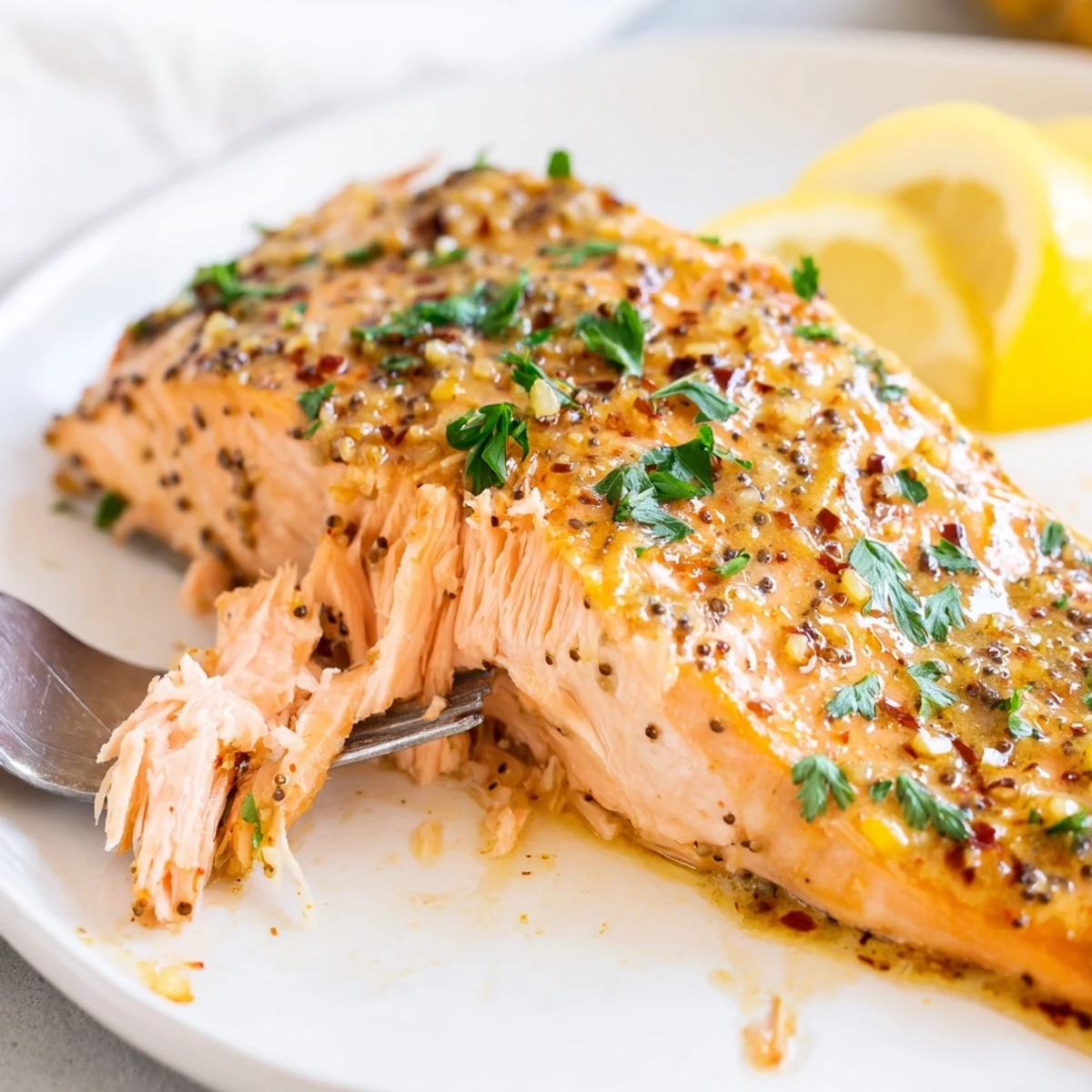Tender Texas Roadhouse style baked salmon brushed with smoky butter mixture and fresh parsley garnish