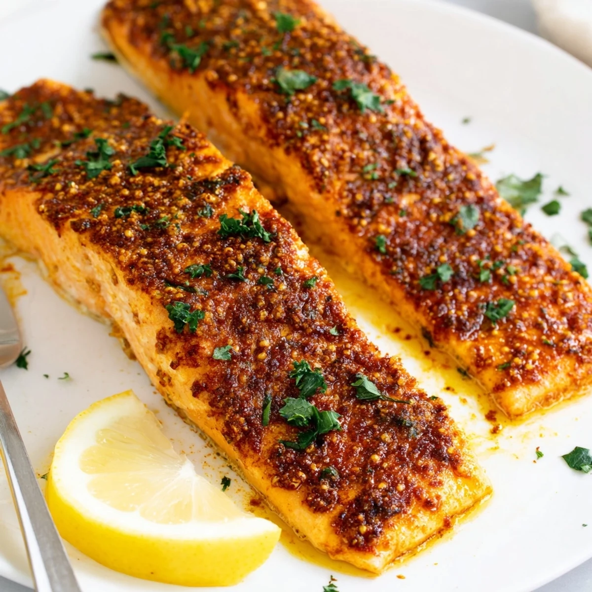 Perfectly cooked salmon with caramelized edges served with lemon wedges on a rustic wooden board