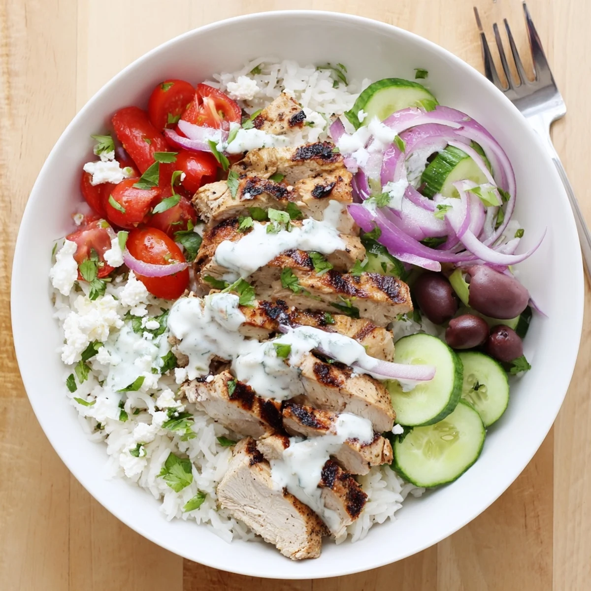 Savory marinated chicken pieces arranged over rice with fresh tomatoes cucumbers olives and creamy feta in these Greek chicken bowls