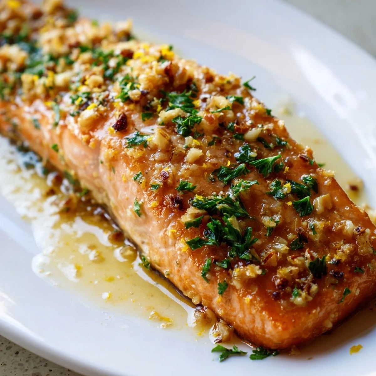 Golden pan seared salmon fillets glistening with melted garlic butter sauce and fresh parsley garnish