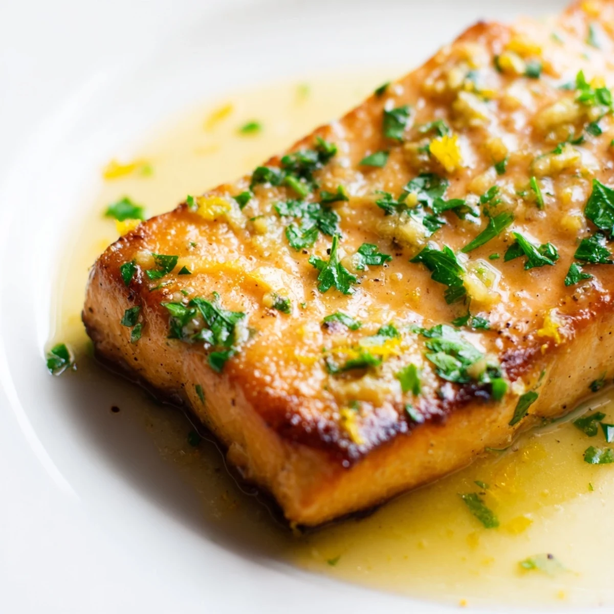 Perfectly cooked pan seared salmon with crispy skin drizzled in rich lemon garlic butter glaze