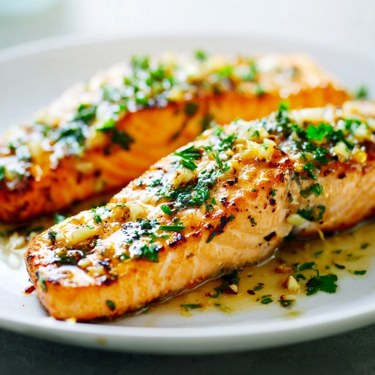 Elegant plate of pan seared salmon swimming in aromatic buttery garlic sauce with lemon wedges
