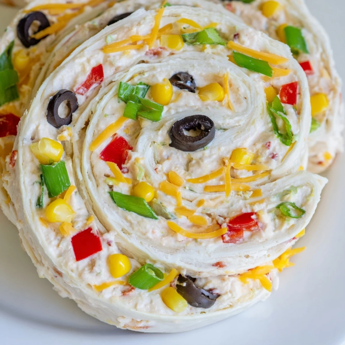 Colorful taco cream cheese pinwheels arranged on a serving platter with visible red peppers and green onions