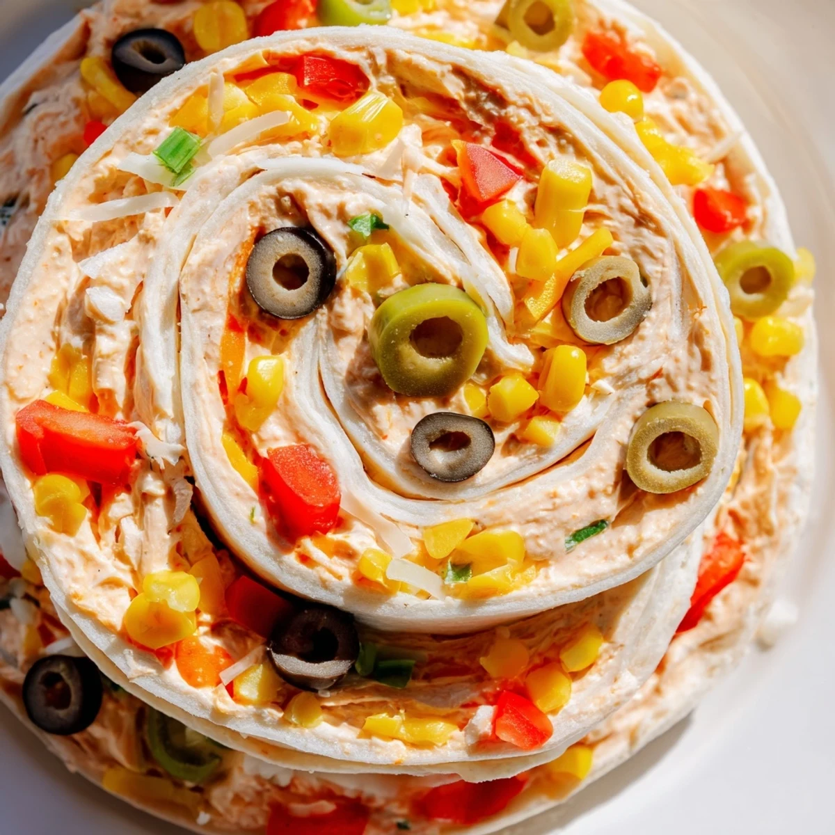 Close-up of bite-sized taco cream cheese pinwheels showcasing vibrant vegetable pieces and golden shredded cheese