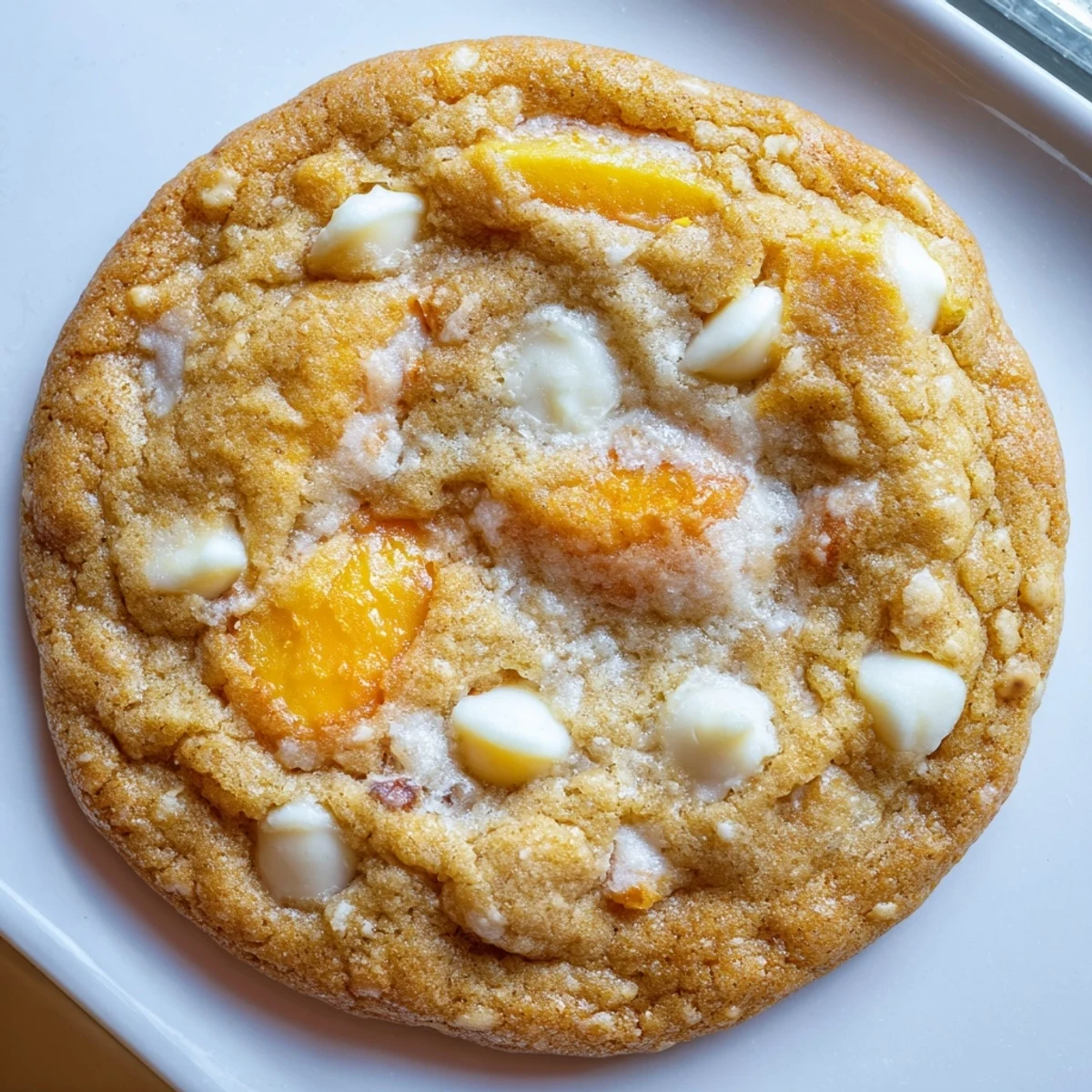 Golden soft Peaches and Cream Cookies studded with fresh diced peaches and melting white chocolate chips
