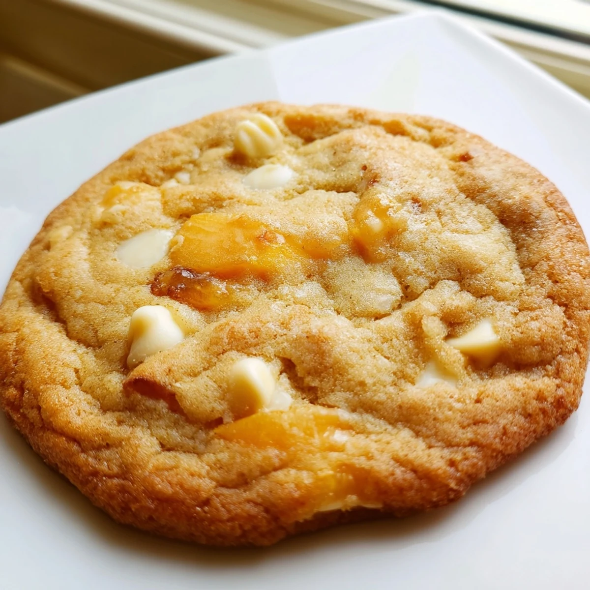 Baked Peaches and Cream Cookies showing golden edges and creamy white chocolate pieces on wooden board