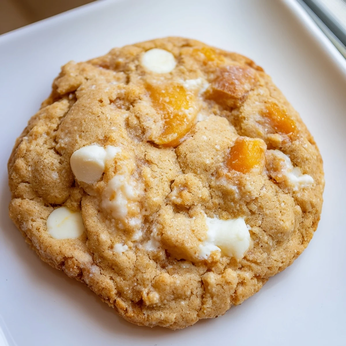 Chewy homemade Peaches and Cream Cookies cooling on wire rack with peach chunks visible throughout