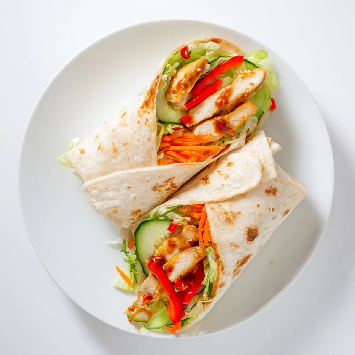 Golden sweet chili chicken wraps filled with crisp vegetables and tangy sauce rolled in warm tortillas