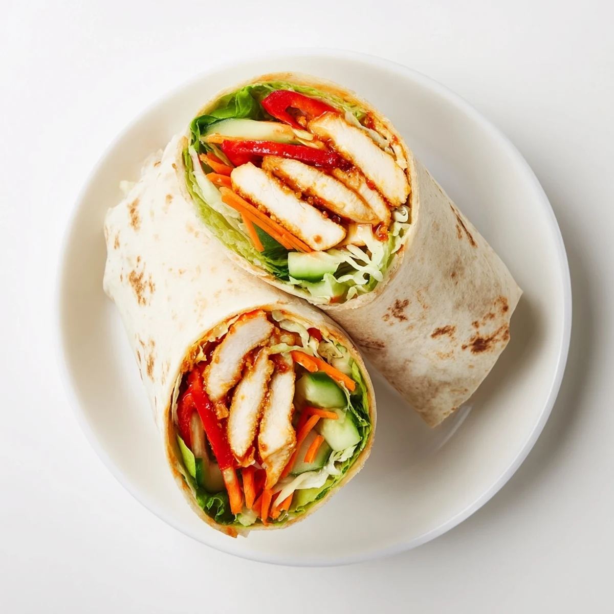 Fresh sweet chili chicken wraps sliced to reveal layers of lettuce peppers and drizzled sauce