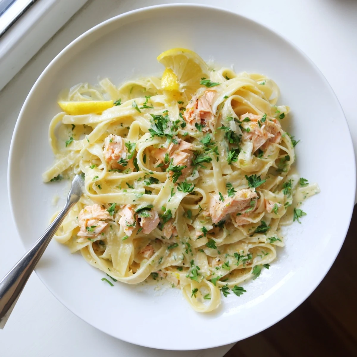 Golden seared salmon chunks atop creamy garlic butter fettuccine pasta with fresh parsley garnish