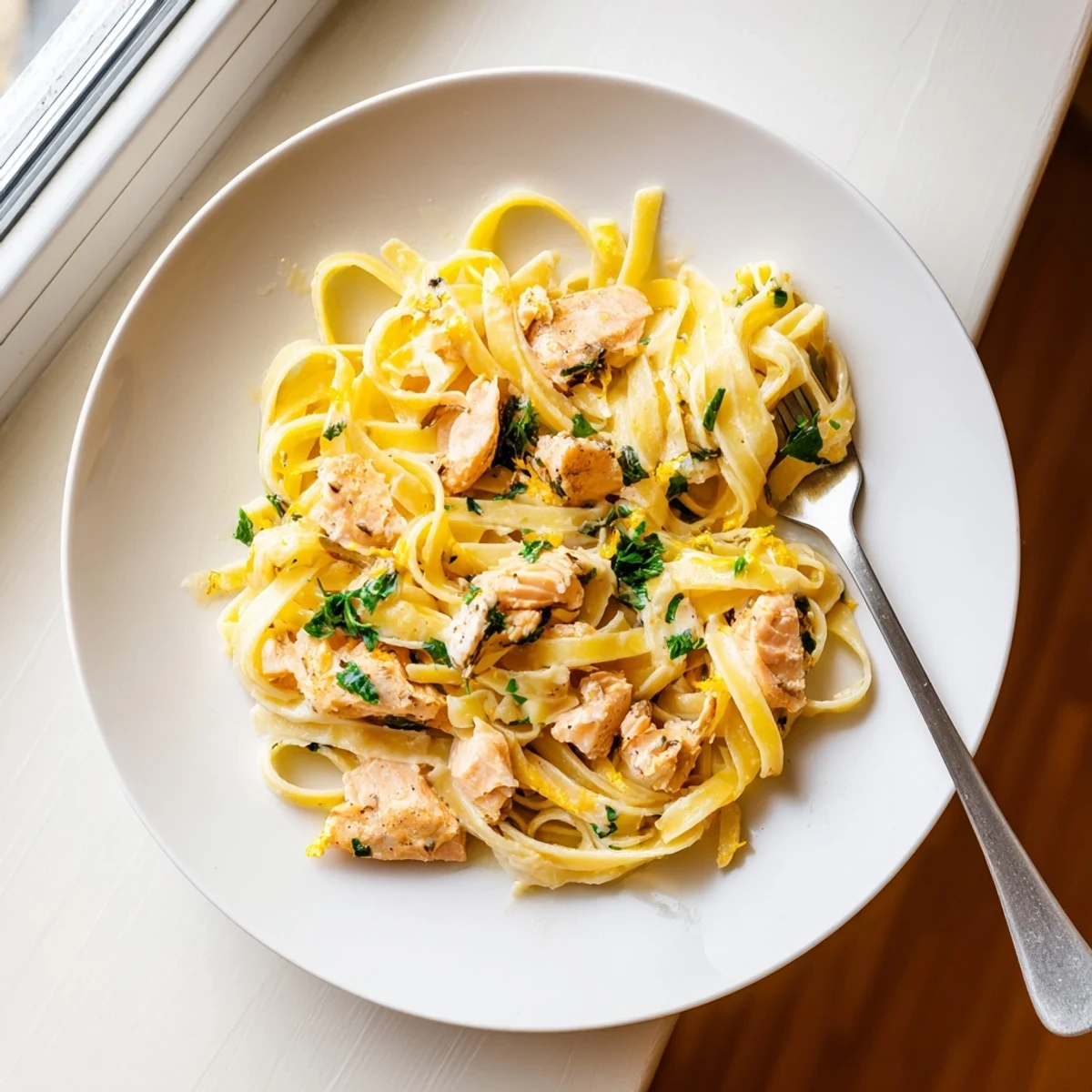Tender fettuccine noodles coated in rich lemon garlic cream sauce with flaked salmon throughout
