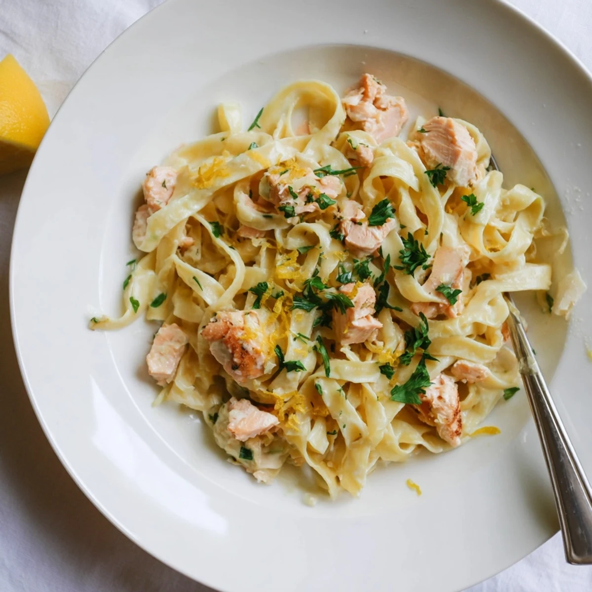 Steaming bowl of creamy garlic butter salmon fettuccine sprinkled with Parmesan and chopped parsley