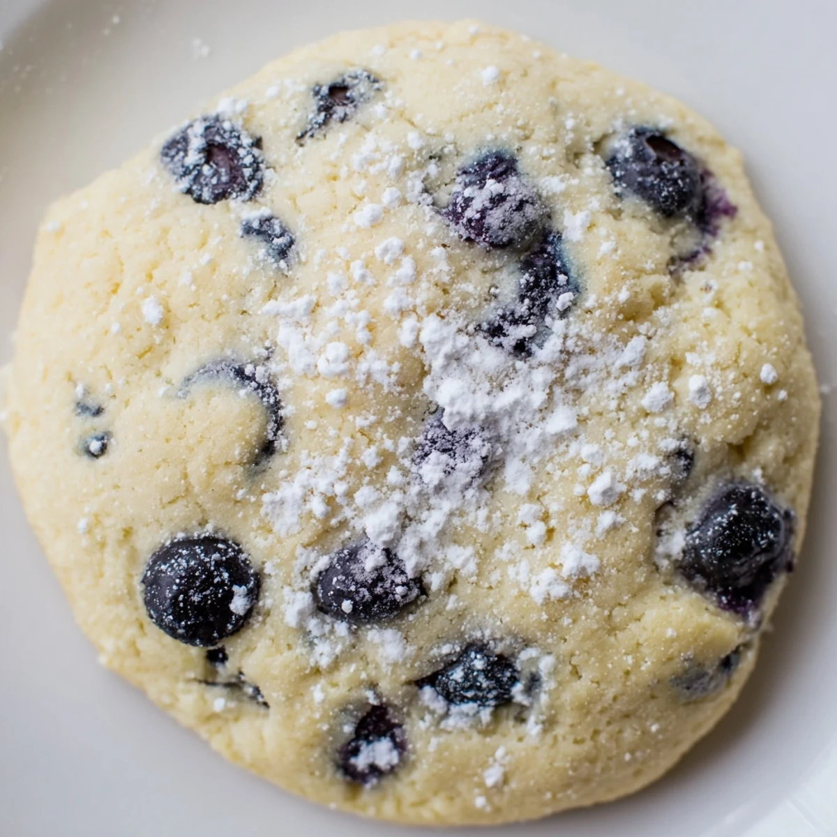 Golden soft lemon blueberry cookies dusted with powdered sugar on marble surface