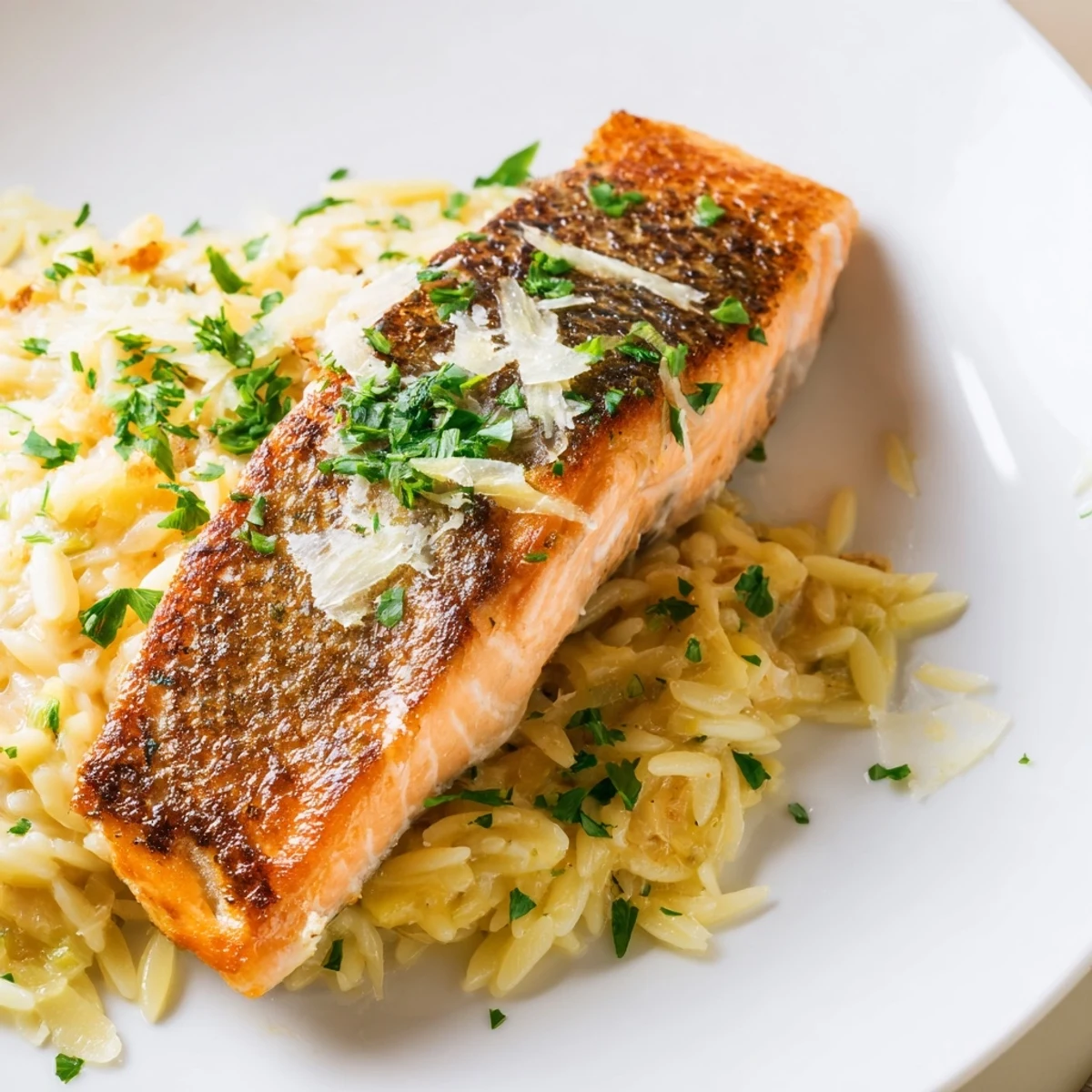 Mediterranean style one pan salmon nestled over zesty orzo pasta with parmesan cheese