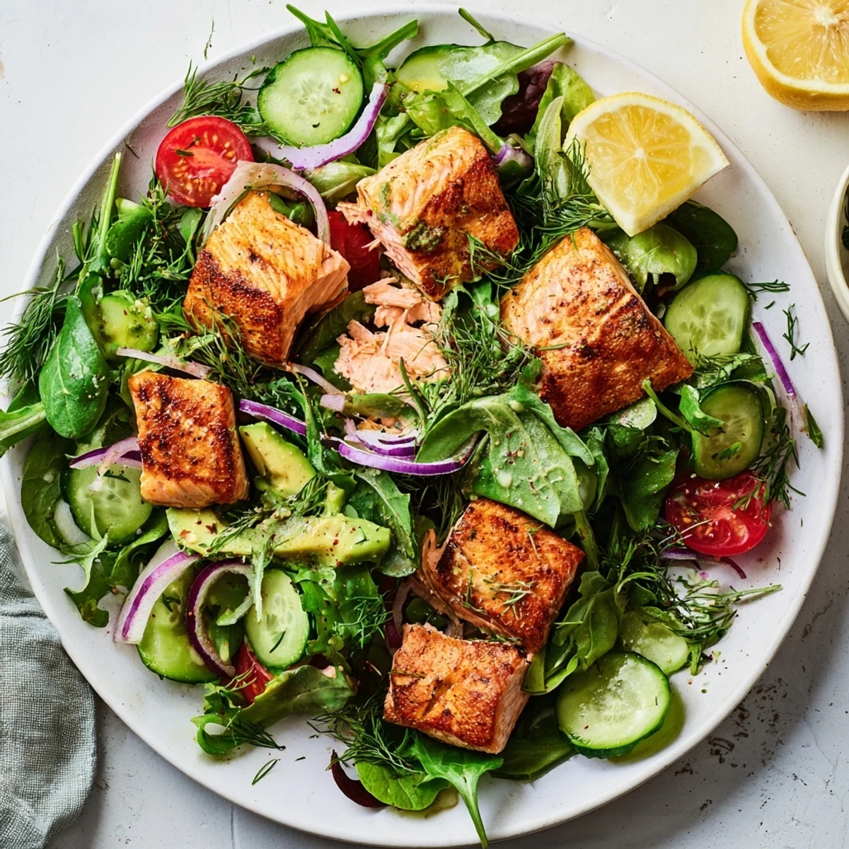 Flaked salmon salad with mixed greens, avocado, cherry tomatoes, and zesty lemon dressing on a white plate
