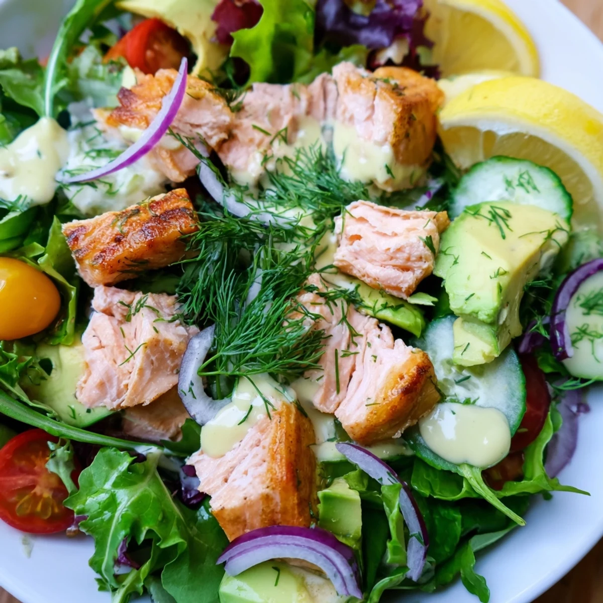 Fresh Minute Salmon Salad featuring crisp cucumber, red onion, and honey mustard dressing garnished with dill