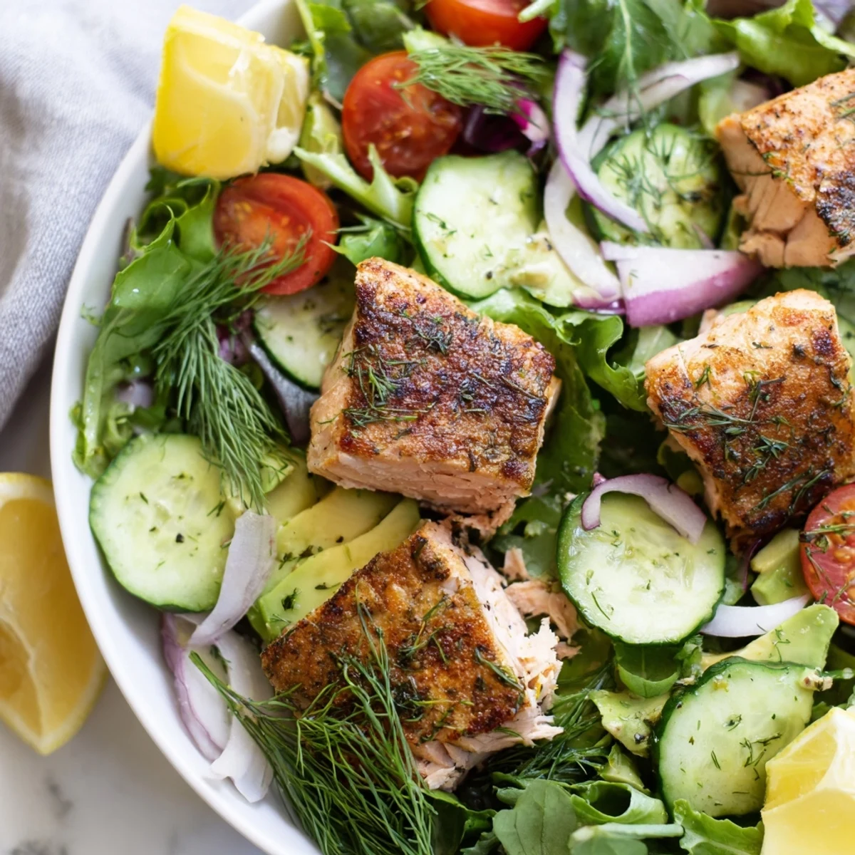 Colorful salmon salad bowl with arugula, spinach, sliced avocado, and tender fish chunks dressed in lemon