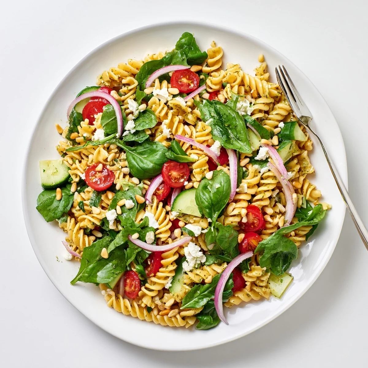 Colorful summer pasta salad with baby greens tossed in lemon-herb dressing