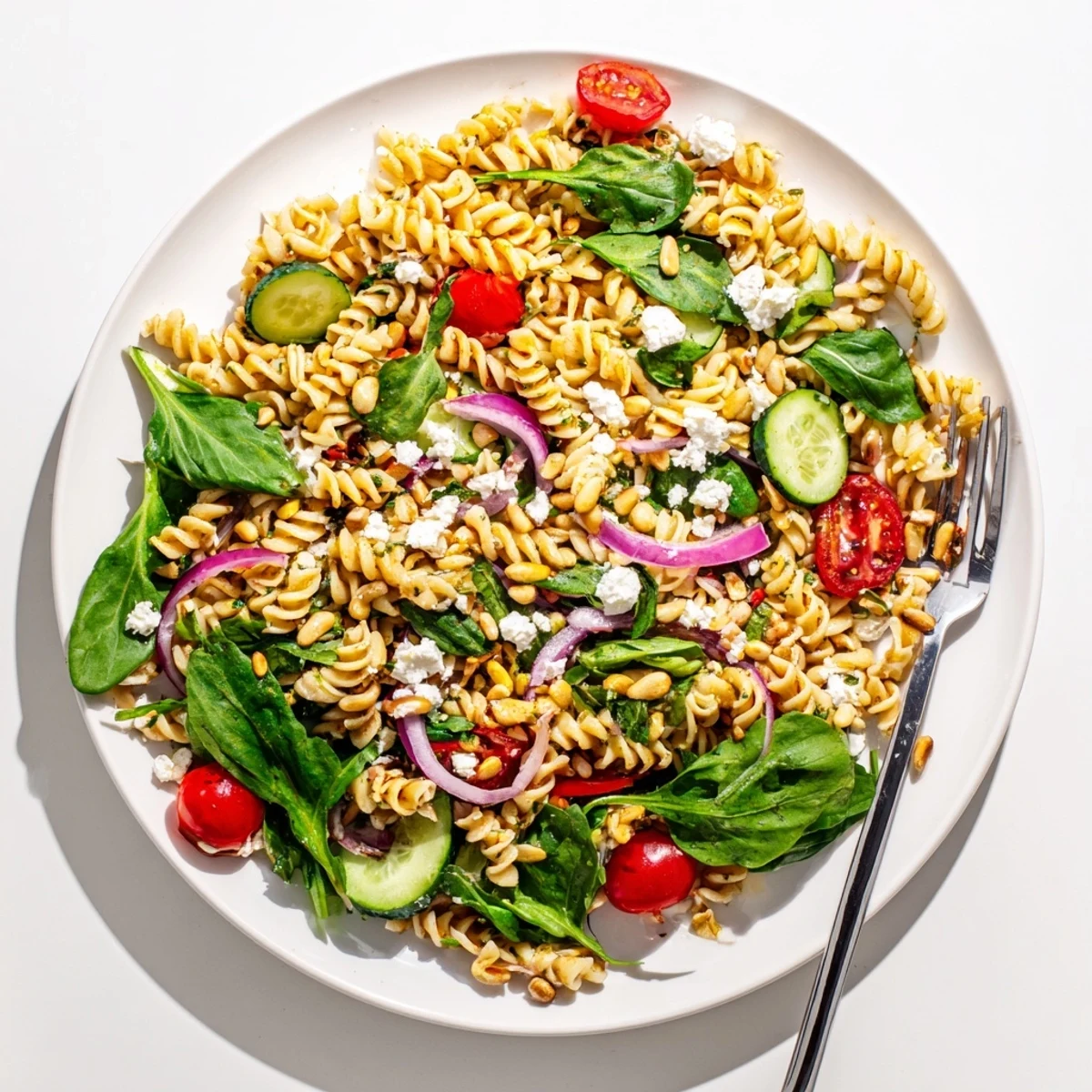 Refreshing summer pasta salad featuring crisp vegetables, tender greens, and zesty dressing