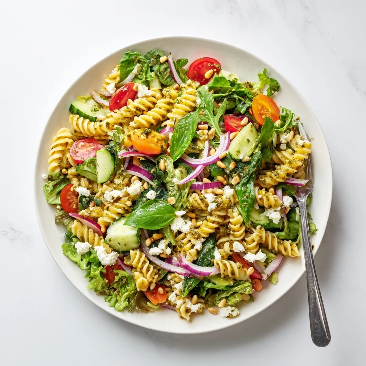 Vibrant bowl of summer pasta salad with baby greens and colorful vegetables