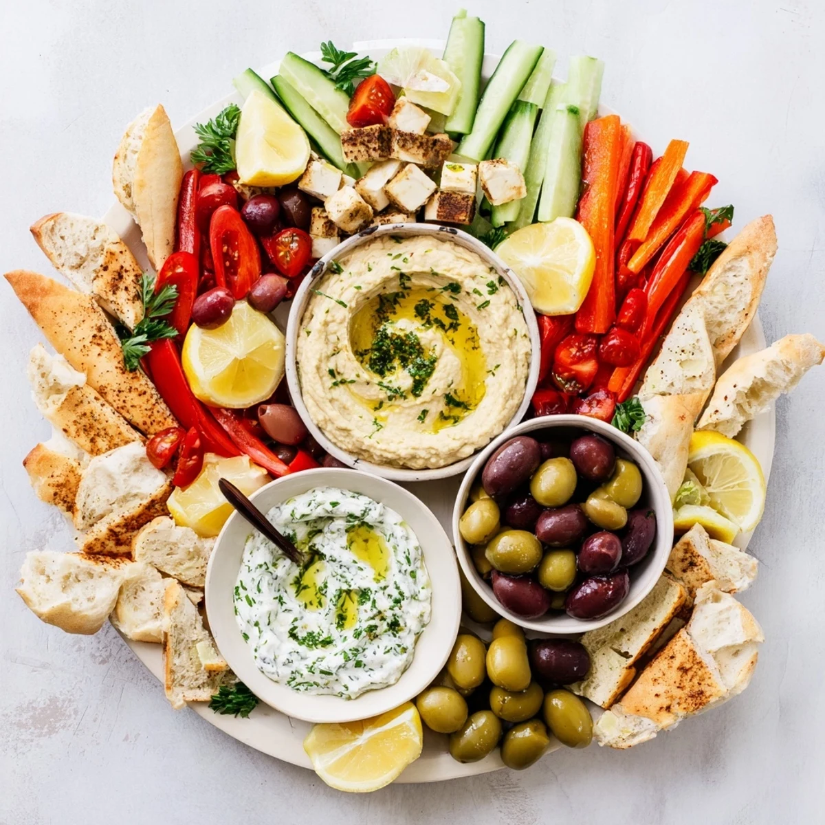 Colorful Mediterranean mezze tapas platter arranged with feta cheese, cherry tomatoes, tzatziki dip, and crispy crackers