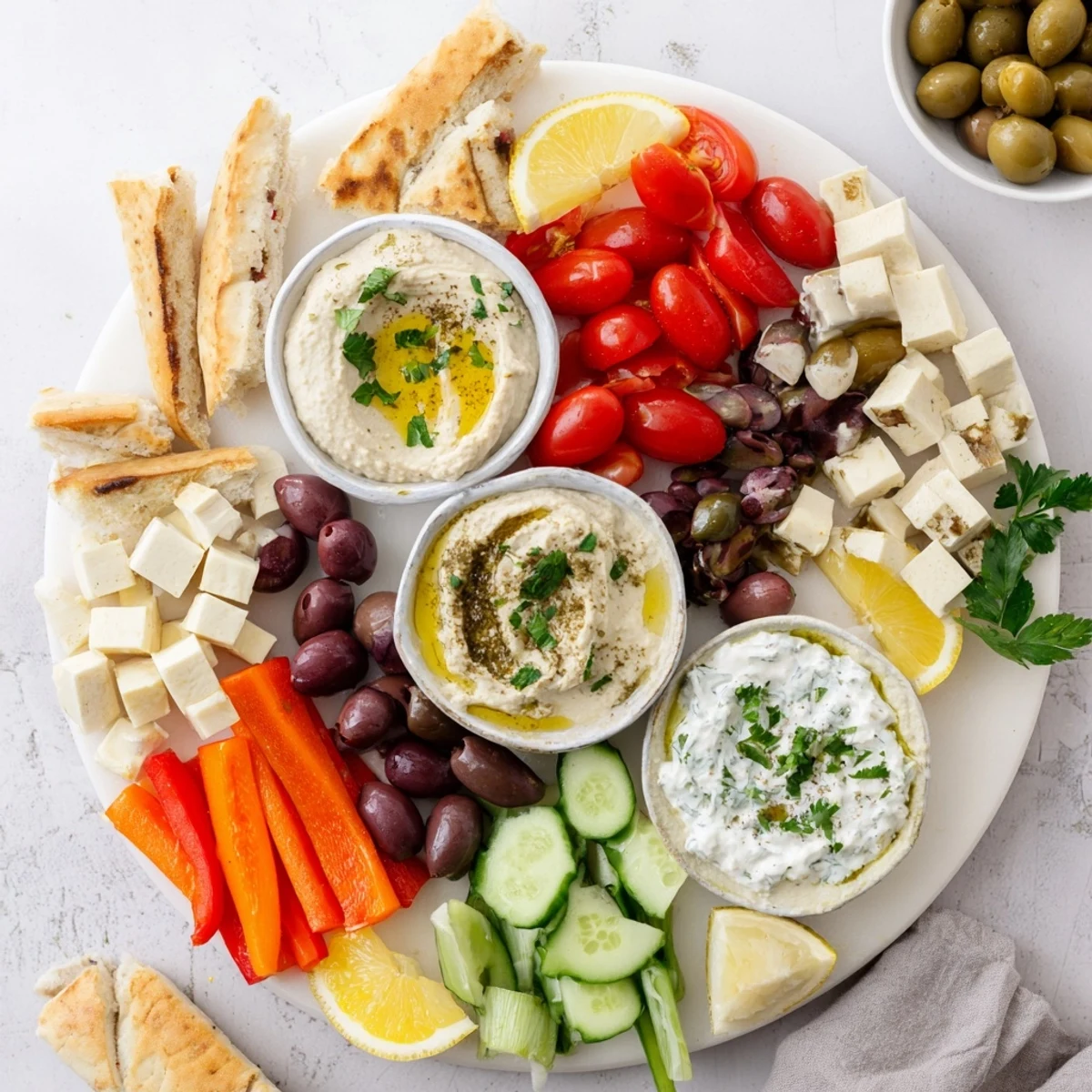 Wooden board spread with Mediterranean mezze tapas platter featuring hummus, olives, fresh vegetables, and warm pita bread