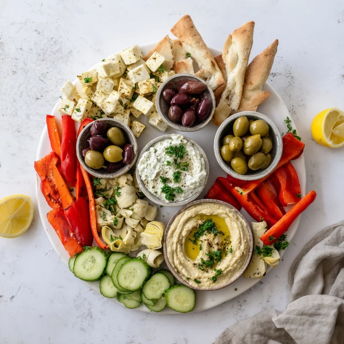 Shared Mediterranean mezze tapas platter displaying baba ganoush, artichoke hearts, bell peppers, and grilled halloumi slices