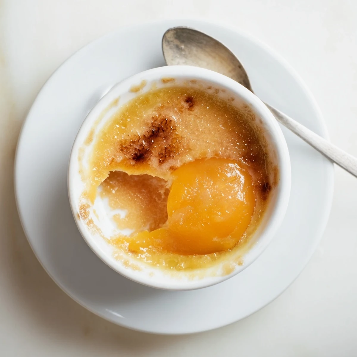 Golden caramelized sugar tops this creamy persimmon crème brûlée dessert in a white ramekin