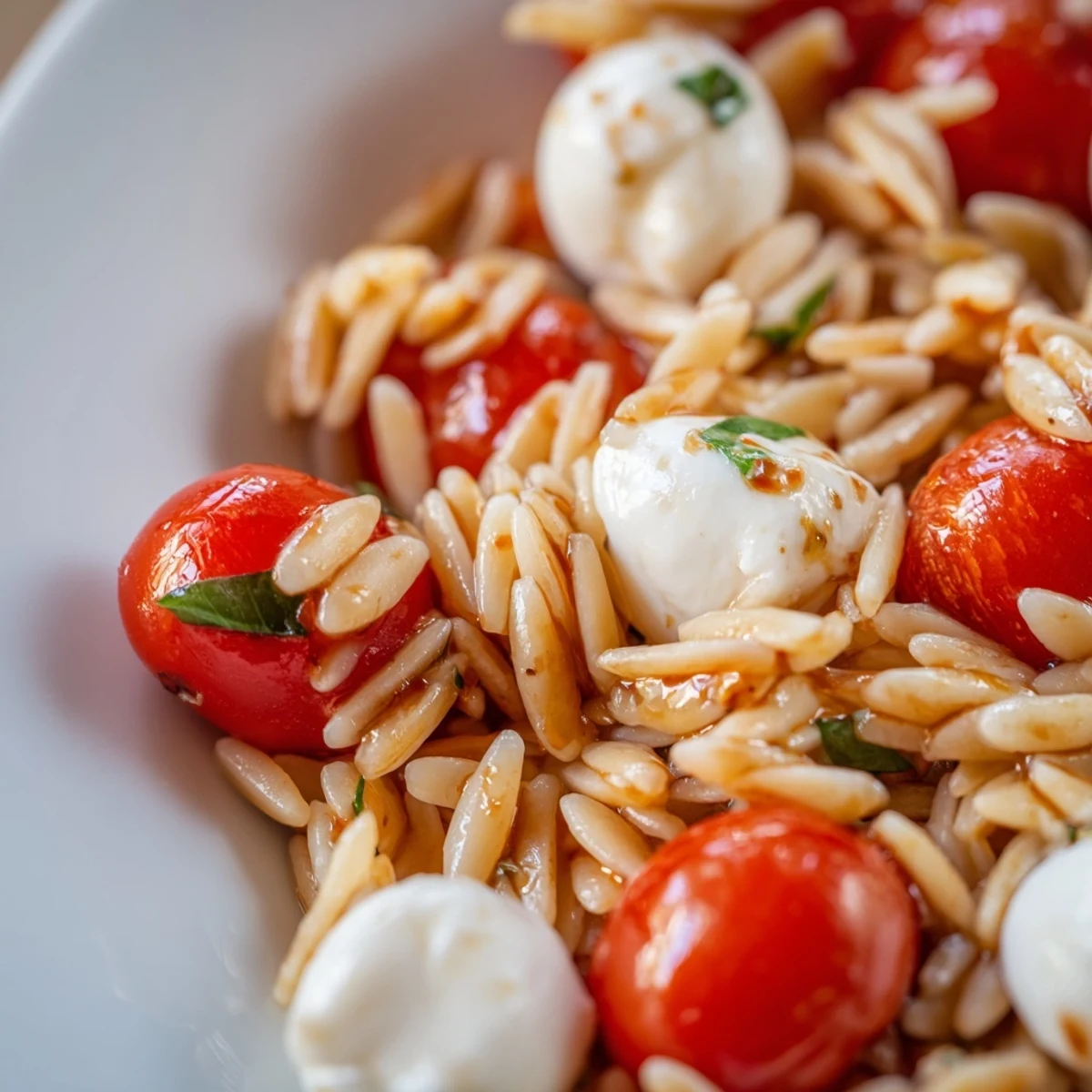 Fresh Caprese orzo pasta salad tossed with cherry tomatoes, mozzarella balls, and fragrant basil in a white serving bowl