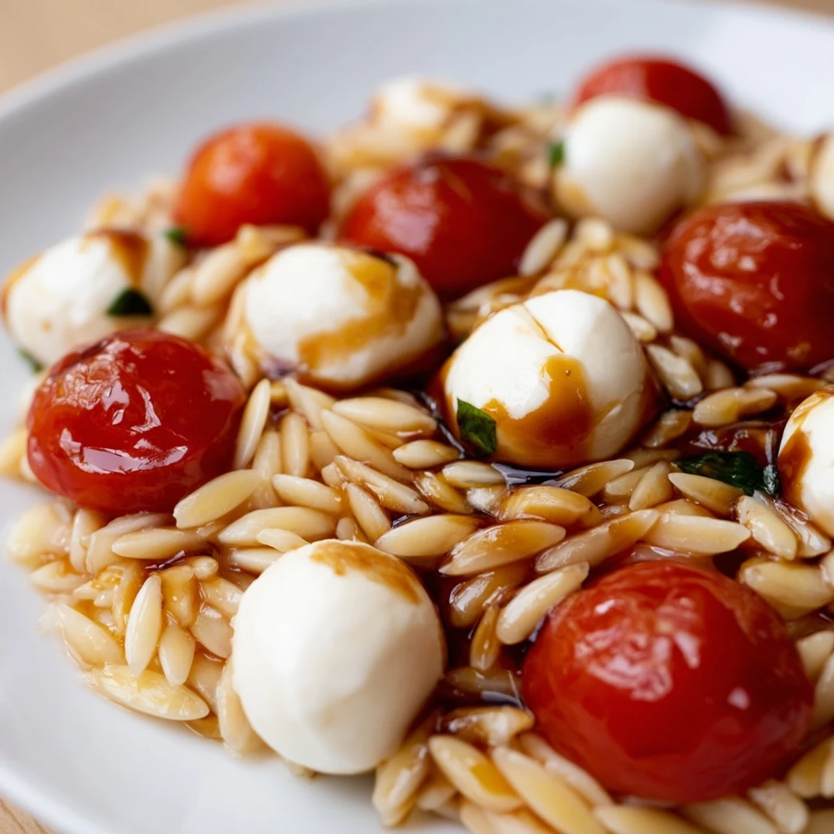 Creamy mozzarella and juicy cherry tomatoes mixed through tender Caprese orzo pasta salad, drizzled with tangy balsamic dressing