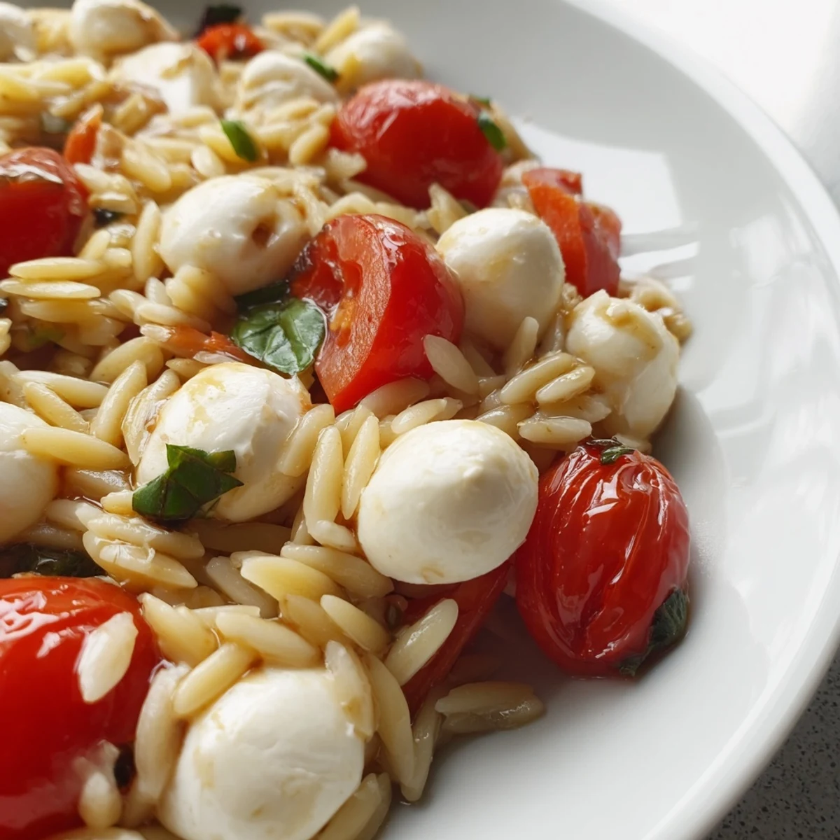 Colorful Caprese orzo pasta salad glistening with balsamic vinaigrette alongside fresh basil and halved cherry tomatoes on a rustic wooden board
