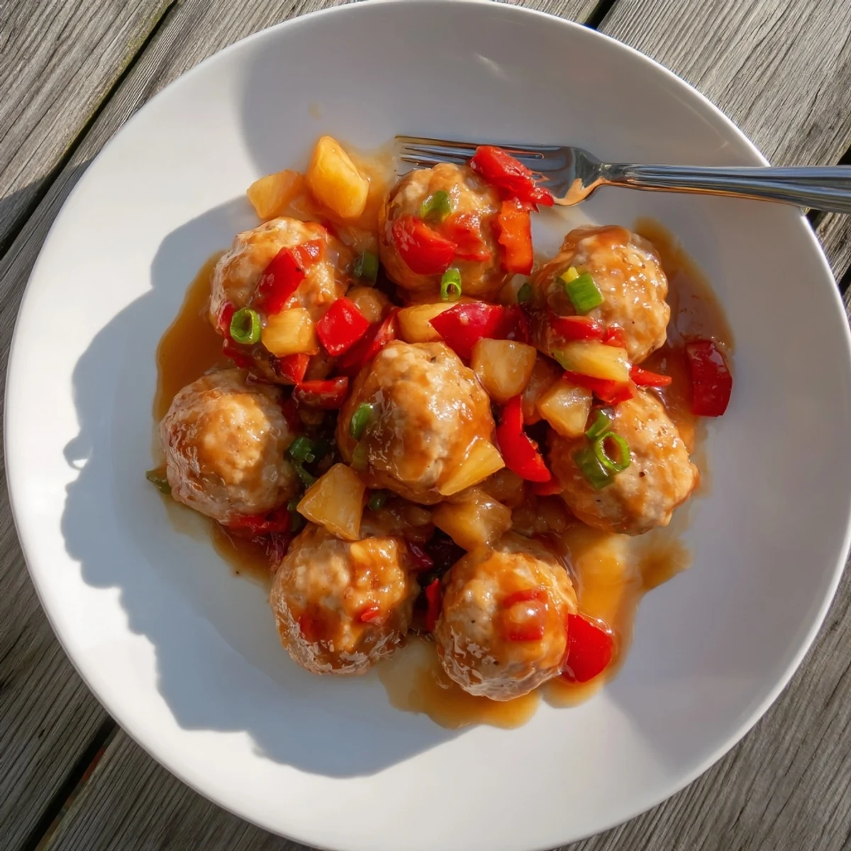 Golden pineapple chicken meatballs coated in sweet tangy glossy red sauce with bell pepper chunks