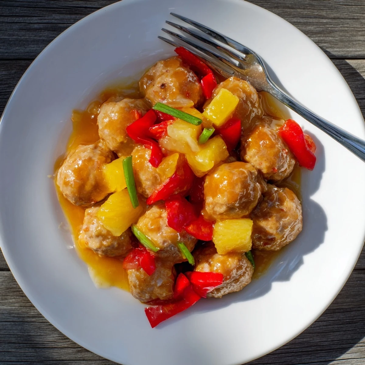 Tender turkey pineapple meatballs simmered in thick brown sugar glaze served over steaming white rice