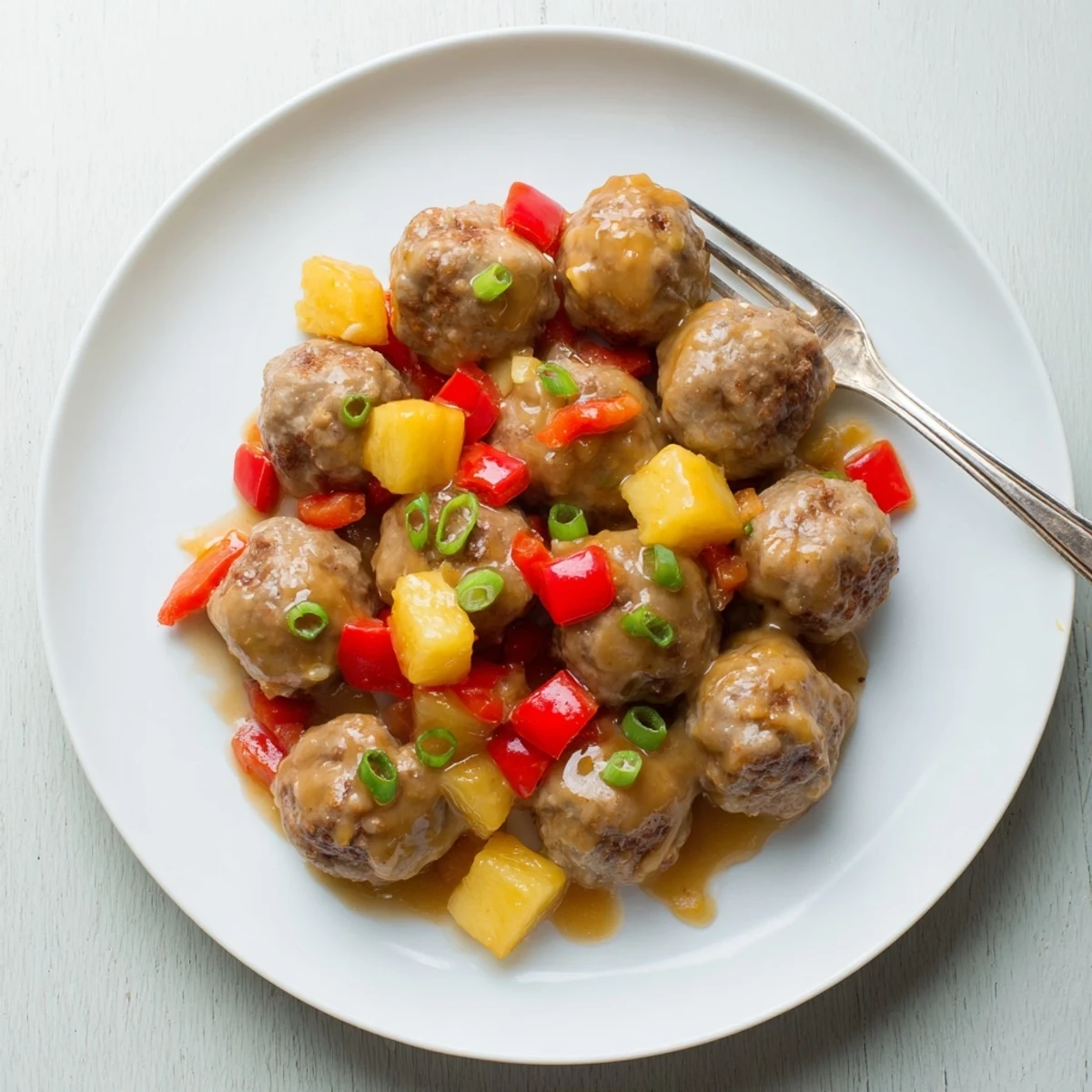 Baked chicken or turkey meatballs glistening with pineapple sauce and colorful red bell pepper pieces