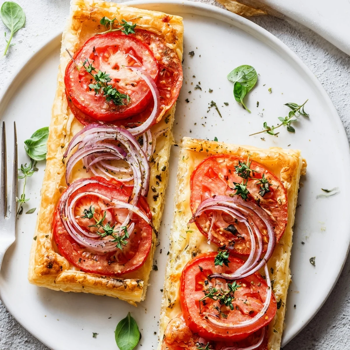 Golden tomato tartlets with puff pastry feature melted goat cheese and fresh basil garnish