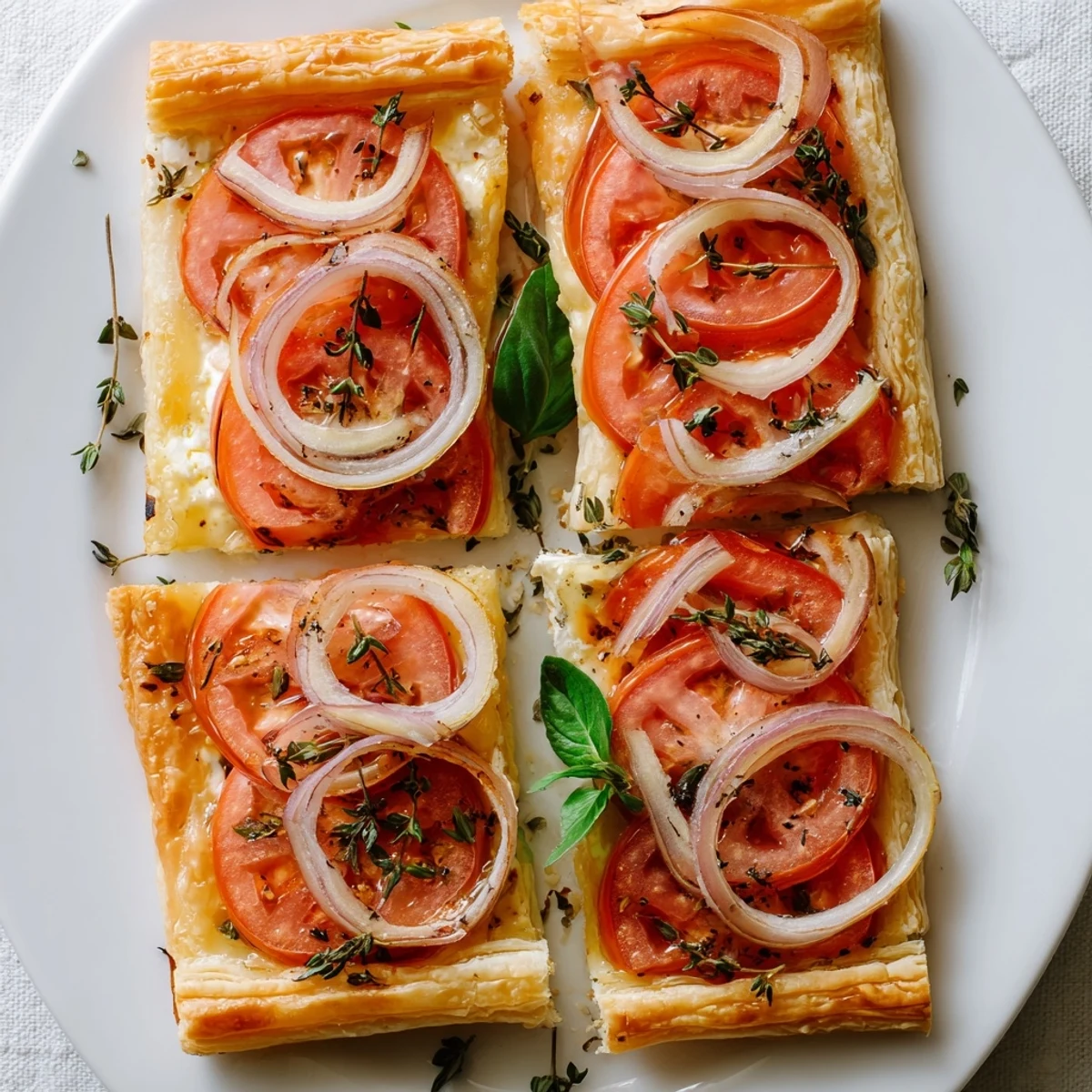 Flaky puff pastry tomato tartlets baked with caramelized onions and Parmesan cheese topping