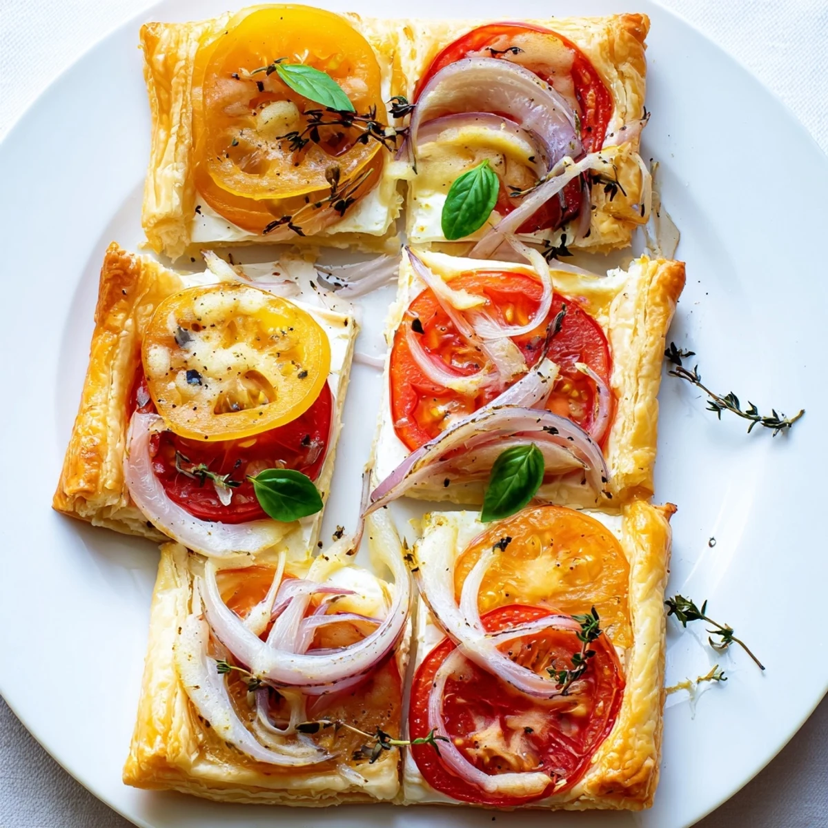 Homemade tomato tartlets on buttery pastry with ripe tomatoes and thyme herbs
