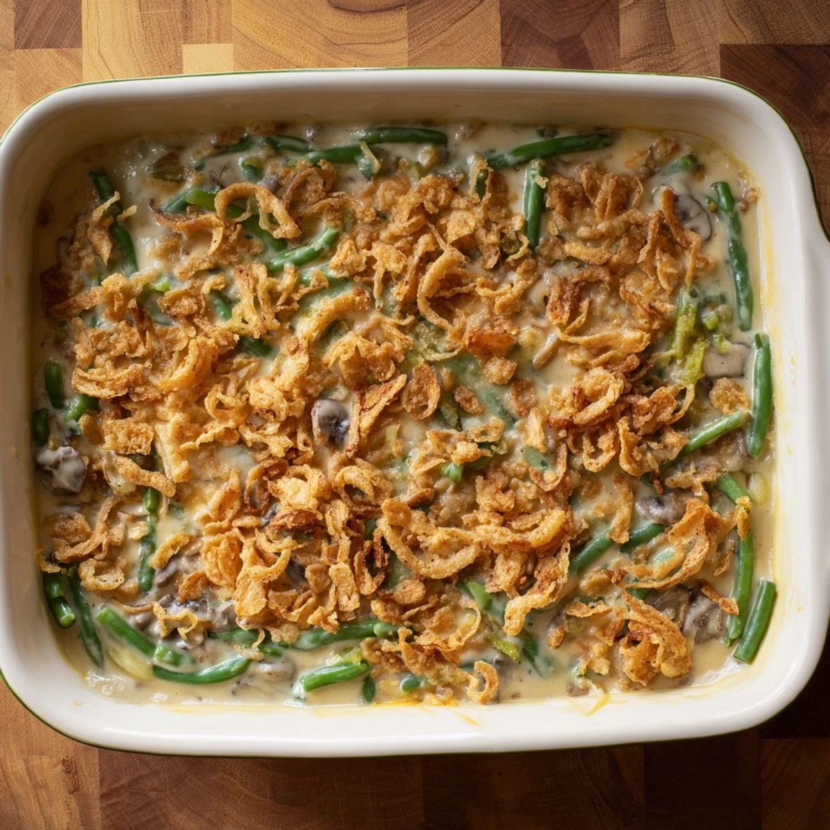 Golden green bean casserole with creamy mushroom sauce and buttery Ritz cracker topping