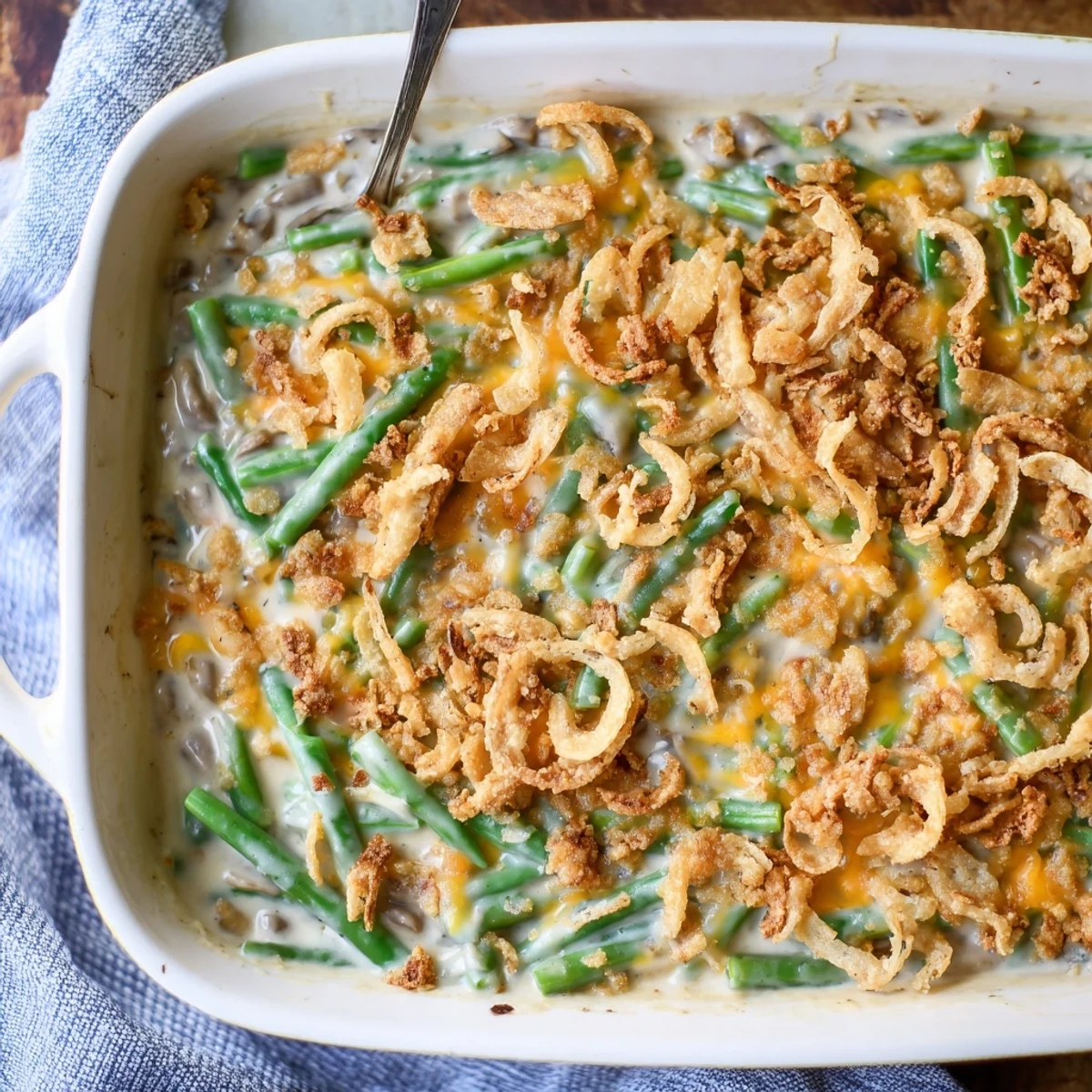 Comforting green bean casserole in a white baking dish topped with crushed Ritz crackers