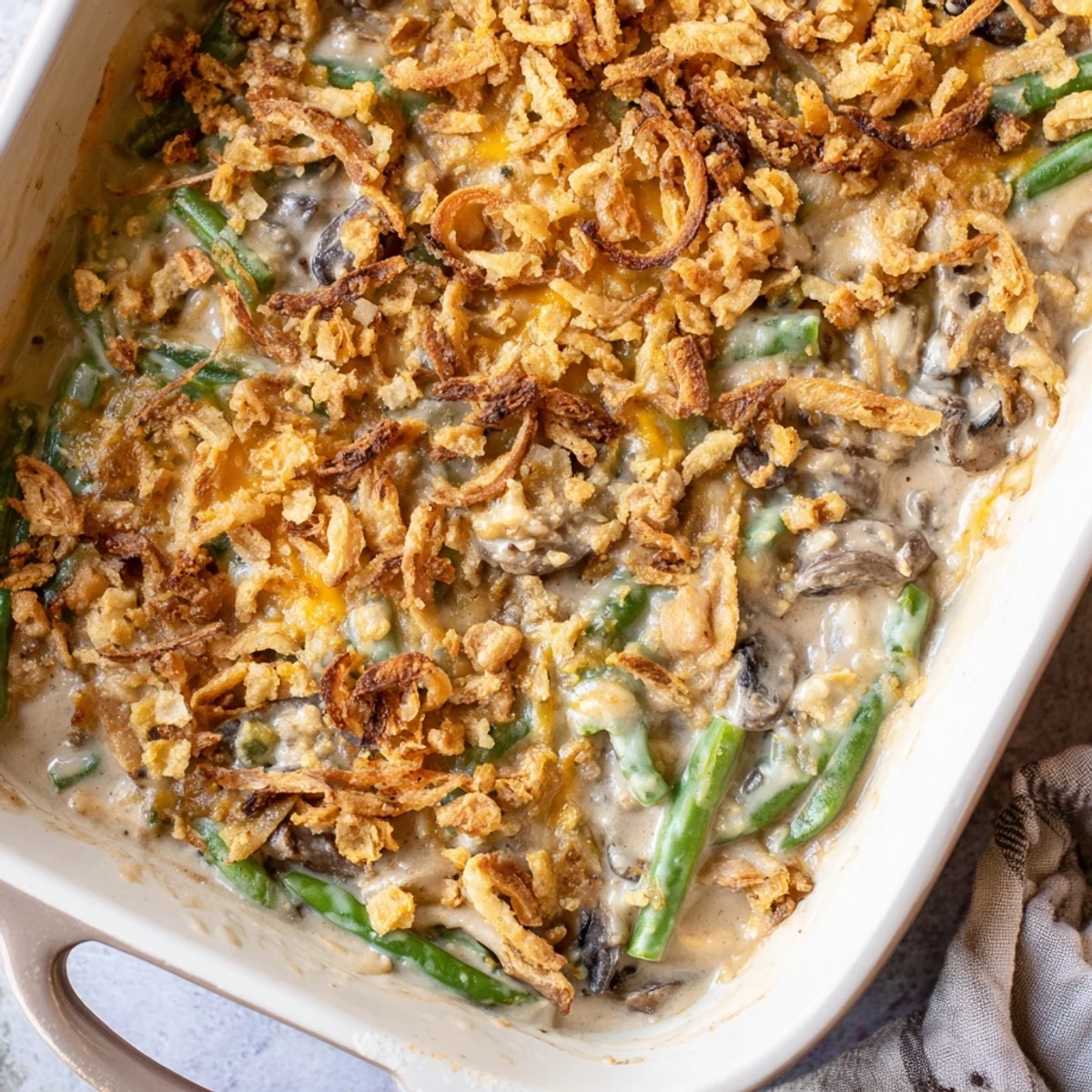 Bubbling vegetarian green bean casserole baked until golden with crispy buttered Ritz cracker crust