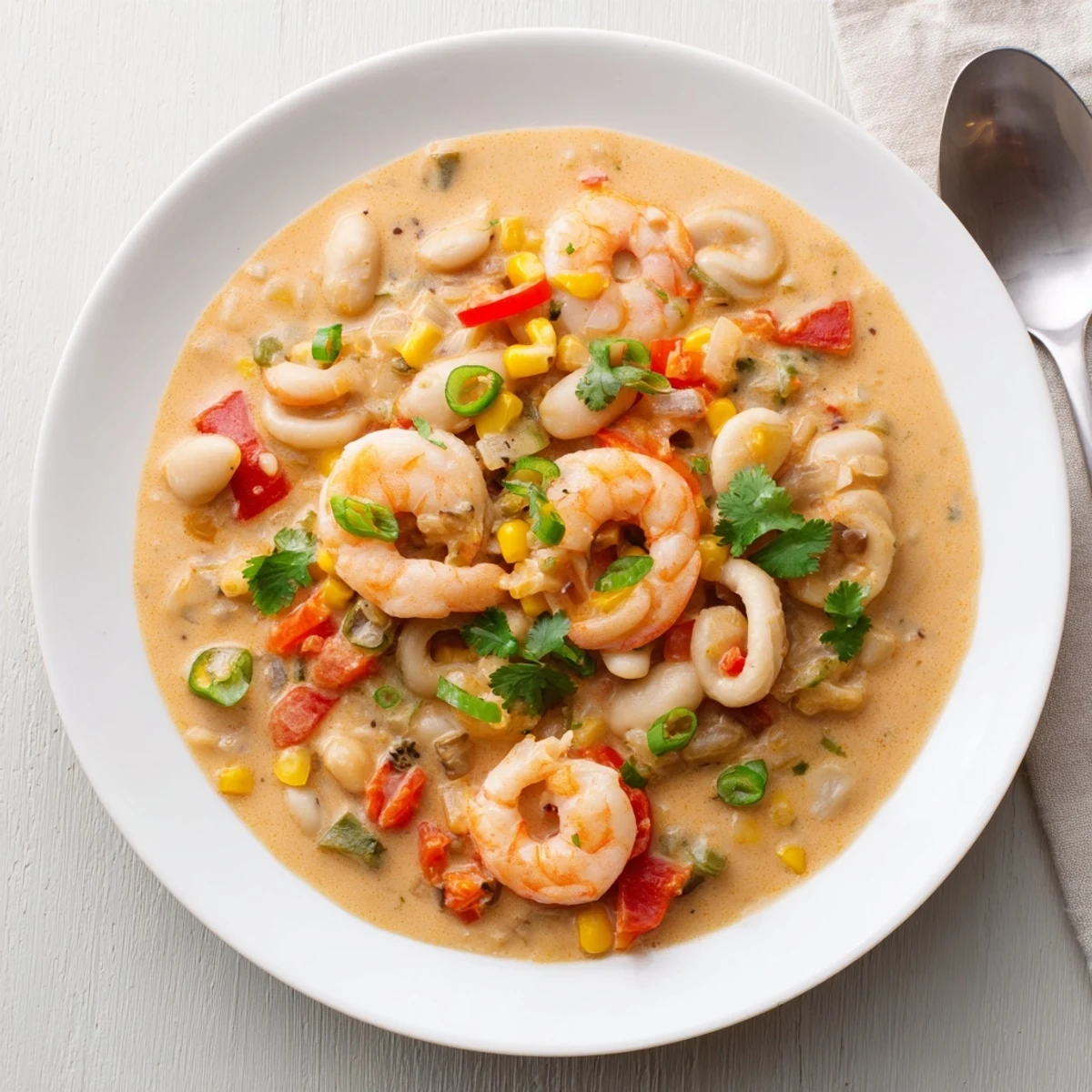 Creamy seafood and shrimp chili served in a white bowl topped with fresh cilantro and lime wedges