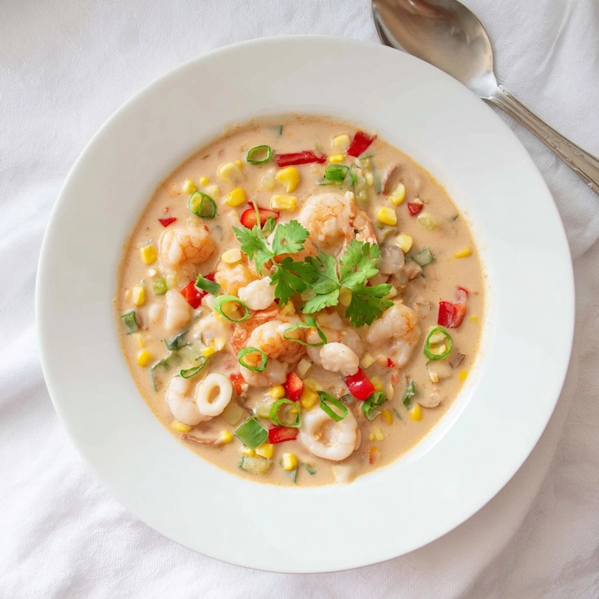 Hearty bowl of creamy seafood and shrimp chili with tender shrimp, colorful peppers, and white beans