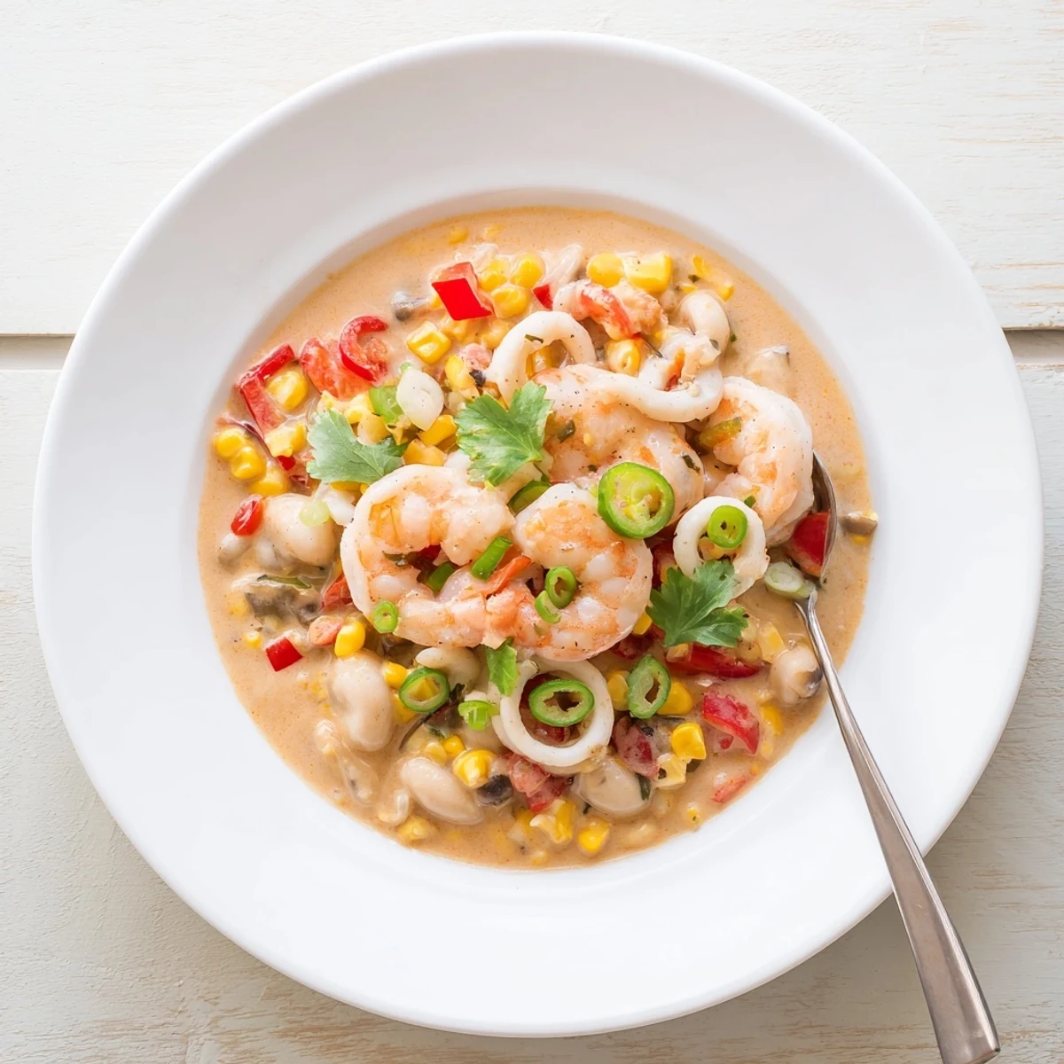 Rich and spicy creamy seafood and shrimp chili garnished with green onions and served with crusty bread
