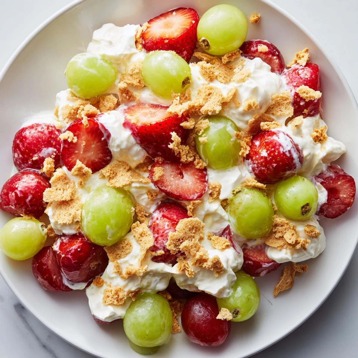 Summer dessert salad featuring ripe peaches, strawberries, and blueberries tossed in sweet vanilla cream cheese