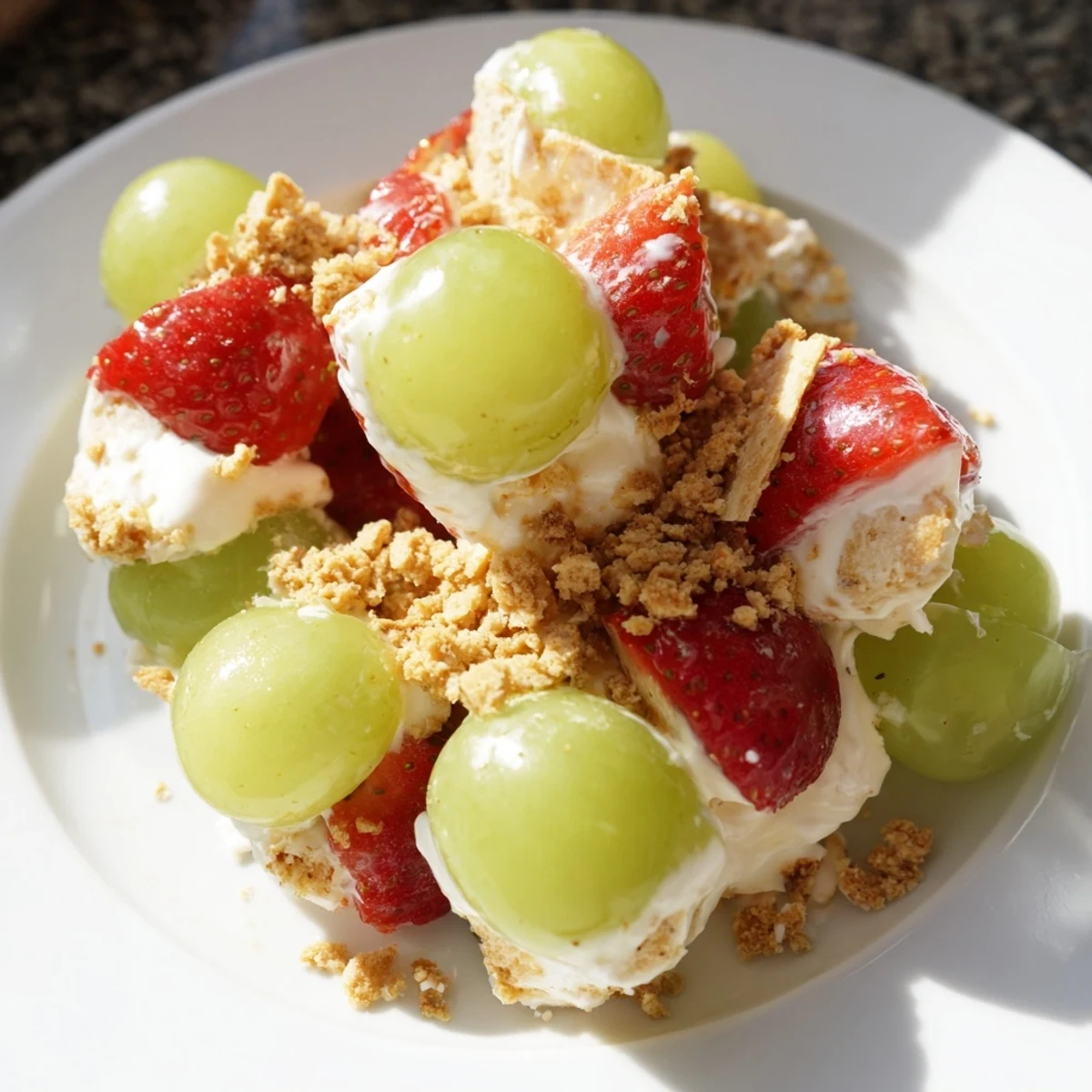 Creamy cheesecake fruit salad with golden cinnamon crumble topping and fresh seasonal summer fruits