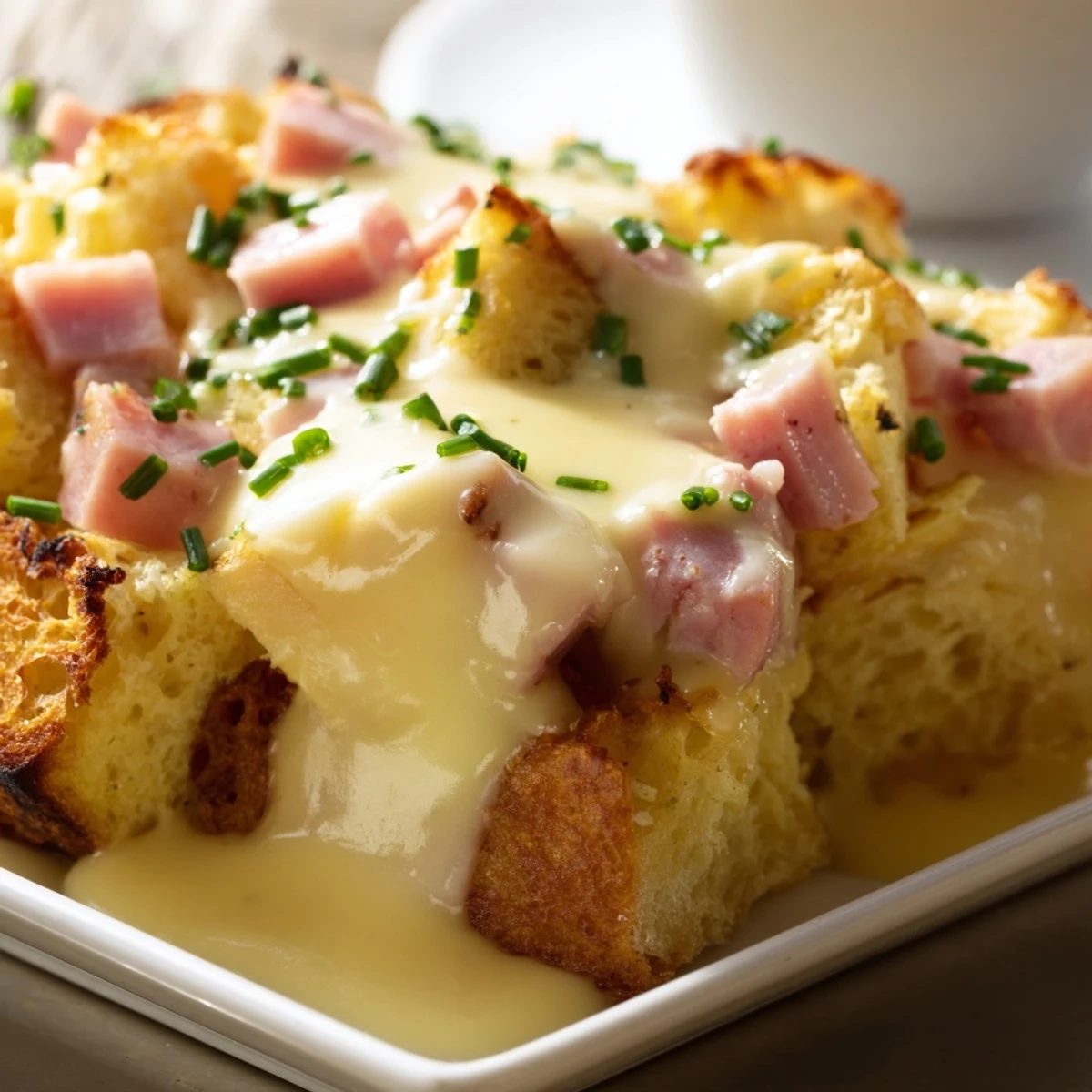 Golden baked Eggs Benedict casserole topped with creamy hollandaise sauce and fresh chives