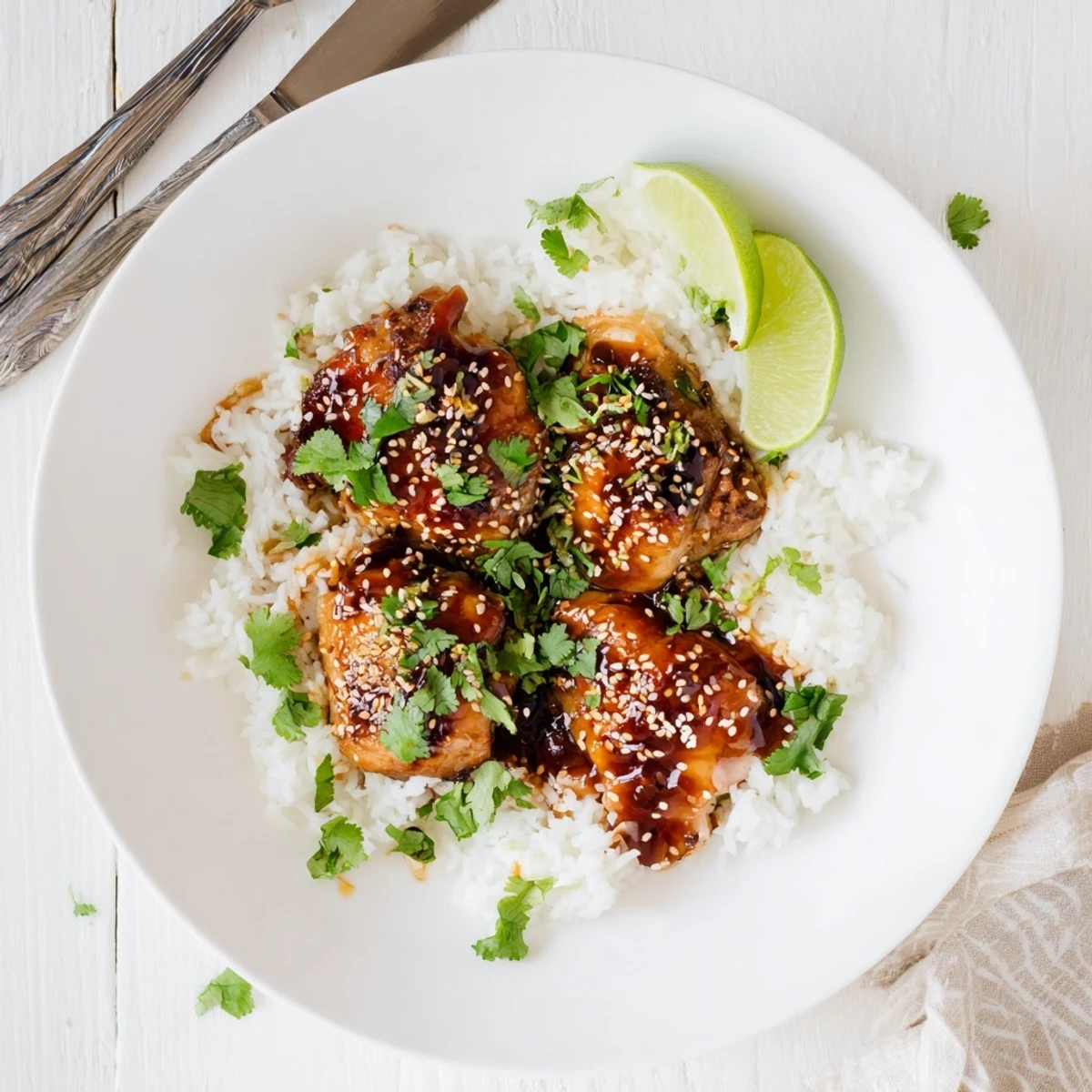 Golden spicy maple chicken glazed in sticky sweet sauce over fluffy white coconut rice