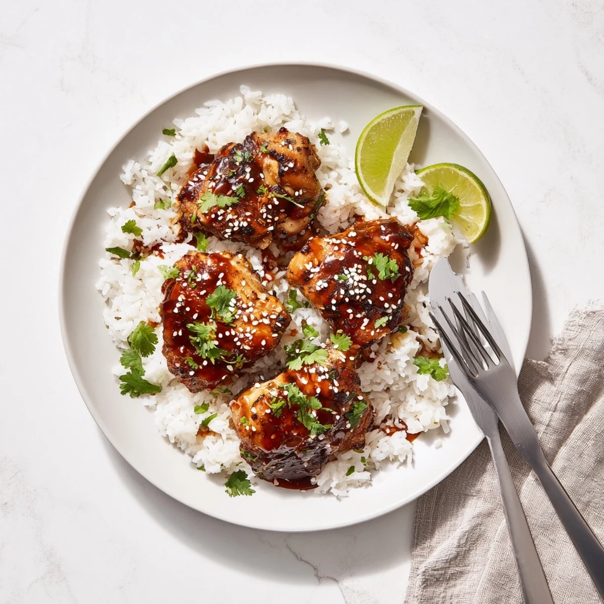 Tender chicken thighs coated in spicy maple glaze served atop fragrant coconut rice with garnish