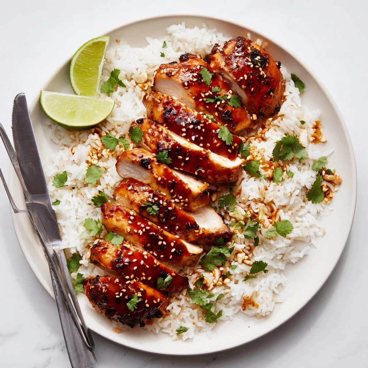 Close-up of spicy maple chicken with caramelized sauce resting on bed of creamy coconut rice